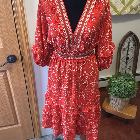 Max Studio Red Sundress with Ruffled Tiered Skirt and 3/4 Bishop Sleeves size S - Picture 5 of 12